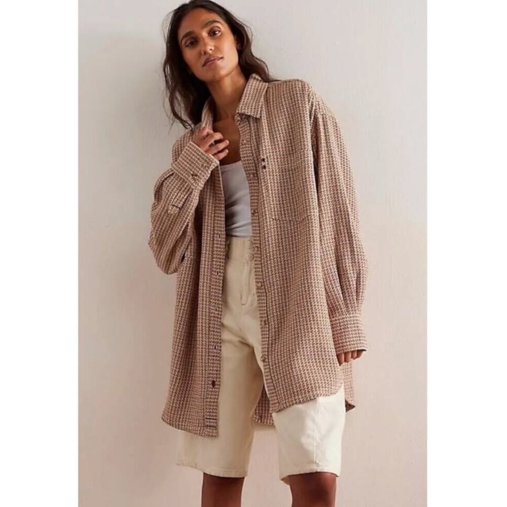 Free People Large Freddie Menswear Oversized Shirt Jacket Shacket Neutral Plaid